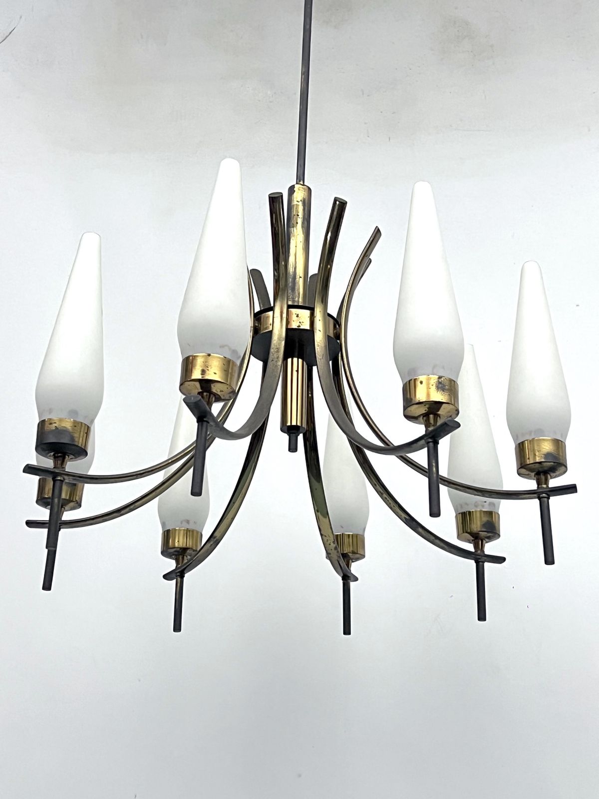 Mid Century 8 Lights Brass And Opaline Glass Chandelier. Italy 1950s photo Lighting