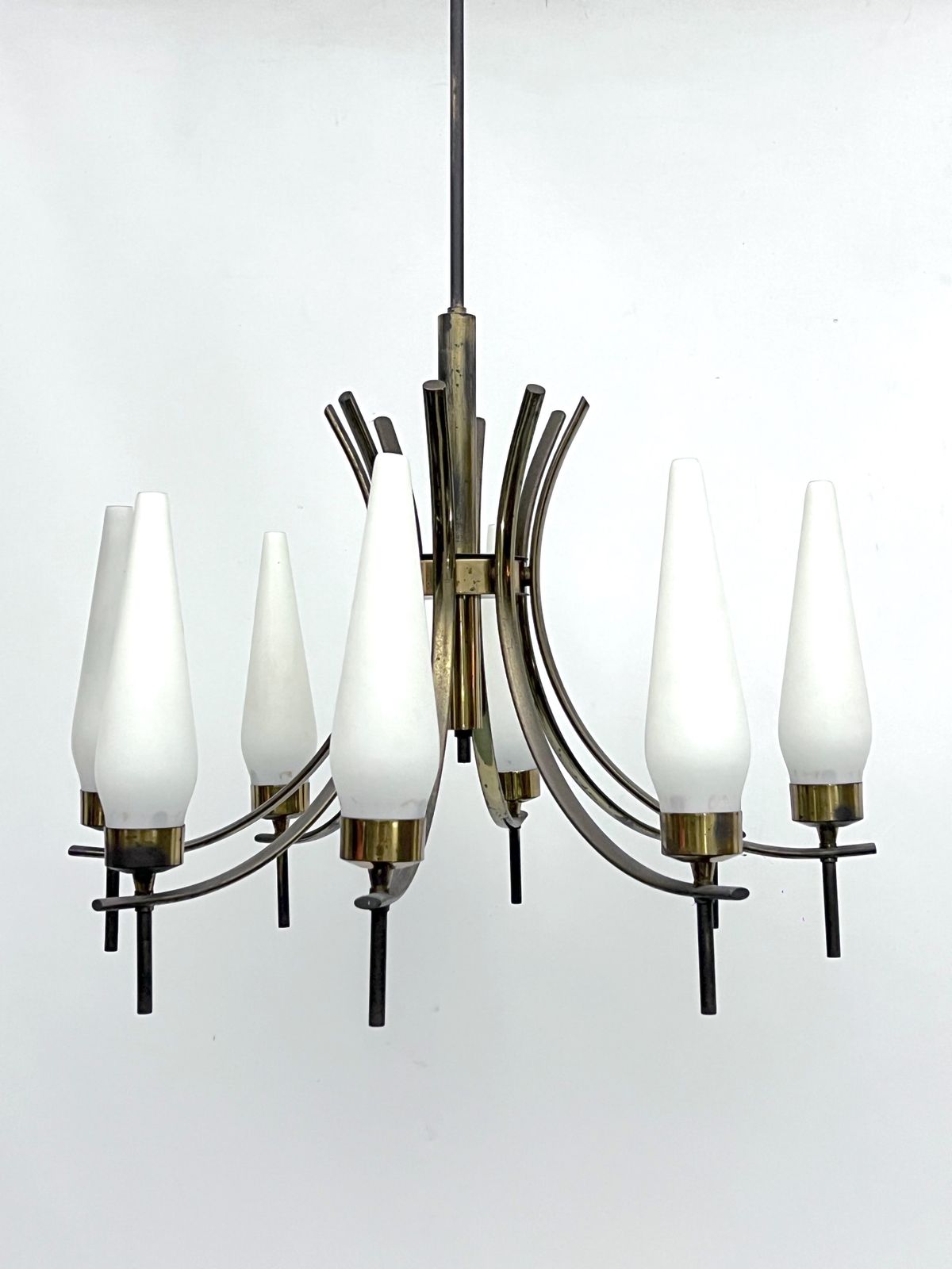 Mid Century 8 Lights Brass And Opaline Glass Chandelier. Italy 1950s