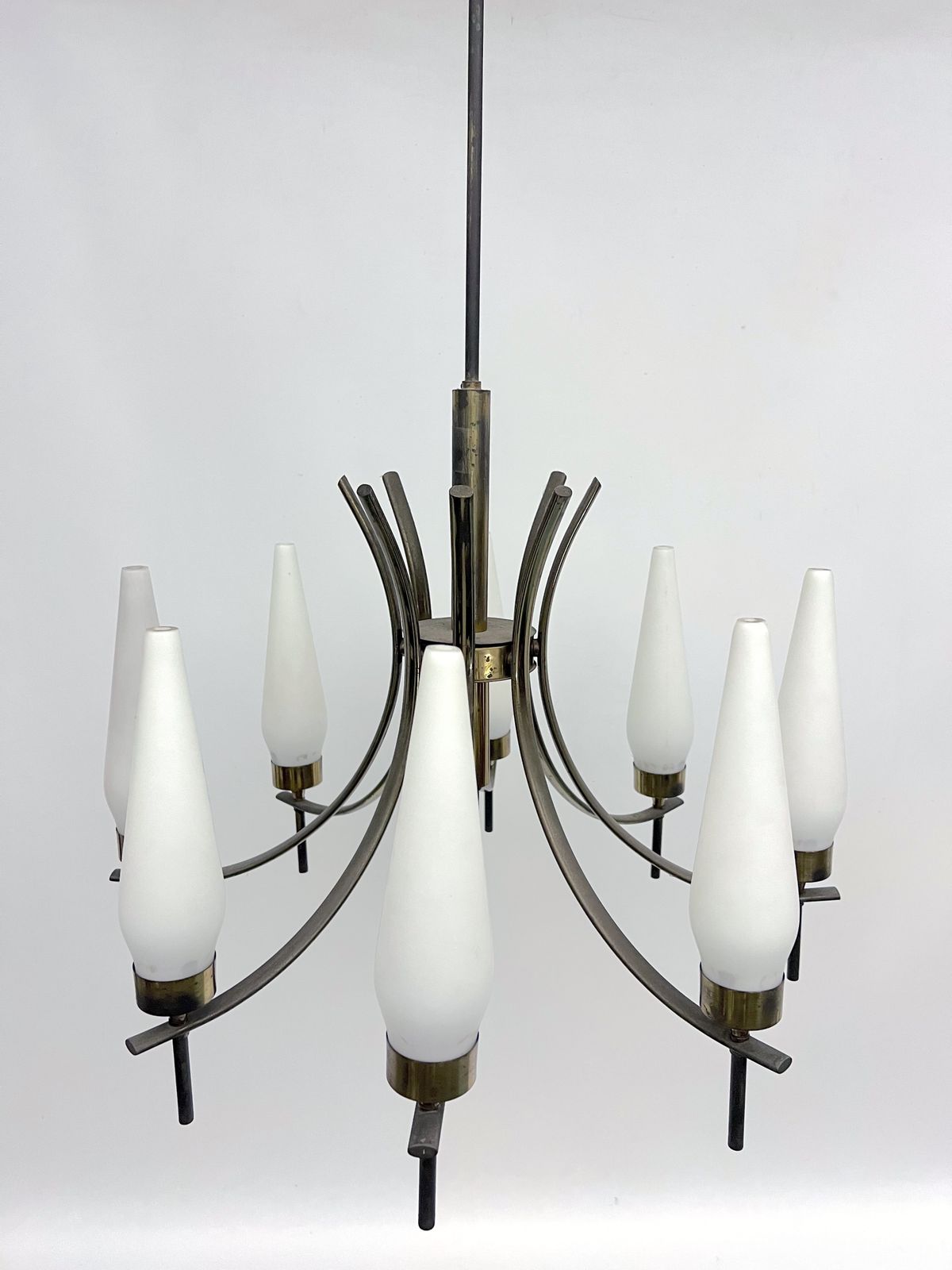 Lighting Mid Century 8 Lights Brass And Opaline Glass Chandelier. Italy 1950s photo