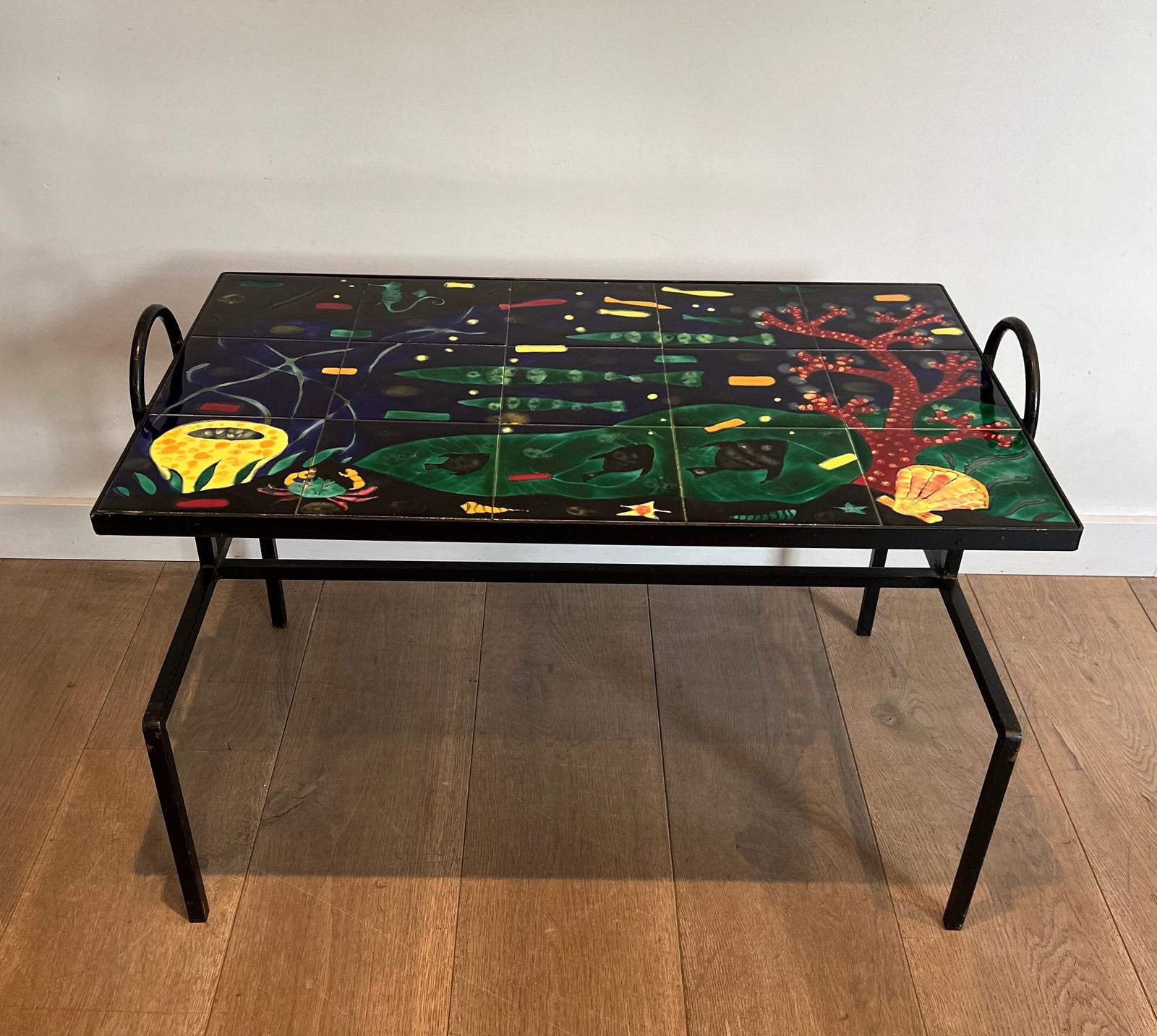Coffee Table In Black Lacquered Metal And Ceramic In The Taste Of Jacques Adnet photo for sale