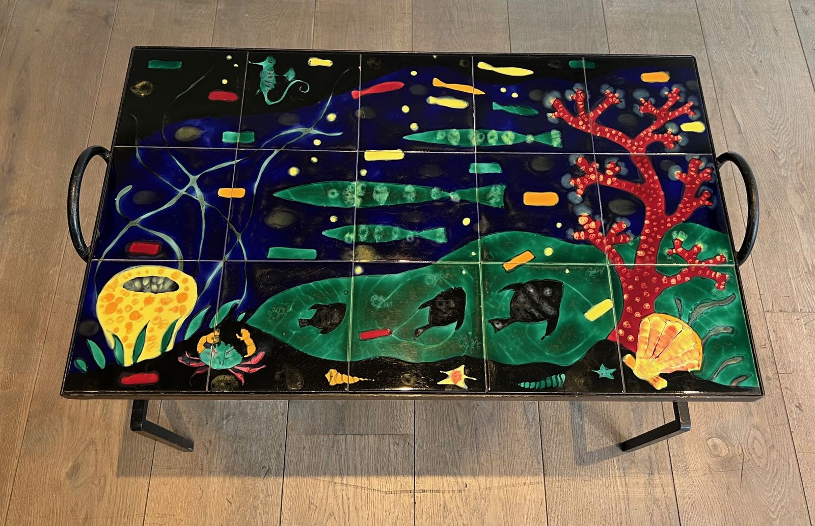 Coffee Table In Black Lacquered Metal And Ceramic In The Taste Of Jacques Adnet photo 2950.0