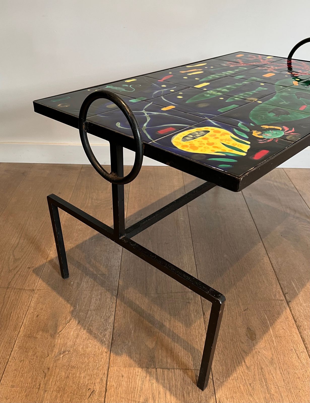 Coffee Table In Black Lacquered Metal And Ceramic In The Taste Of Jacques Adnet photo vinterior