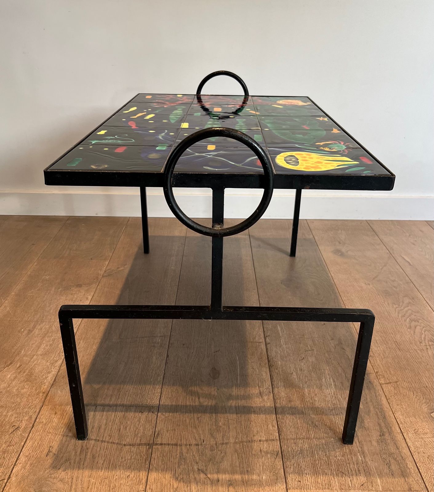 Coffee Table In Black Lacquered Metal And Ceramic In The Taste Of Jacques Adnet photo buy
