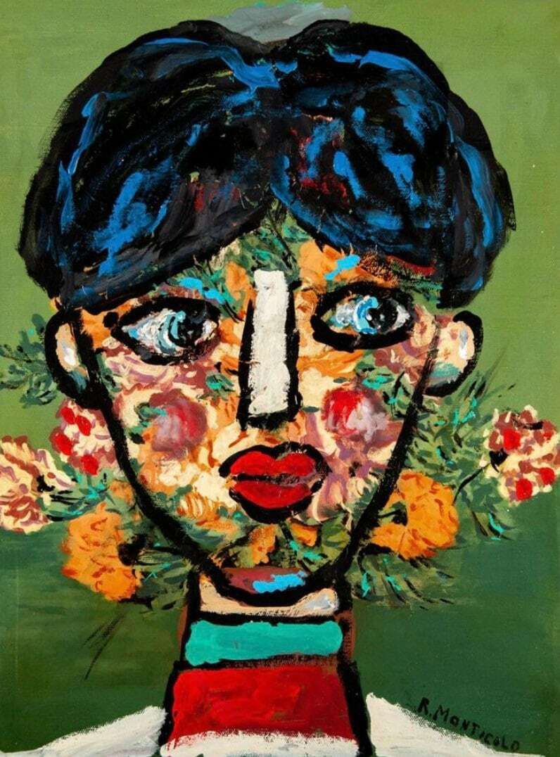 Original Vintage Rocco Monticolo (Italian Artist 1931) Oil Painting On Board ‘Flower Girl’ photo furniture