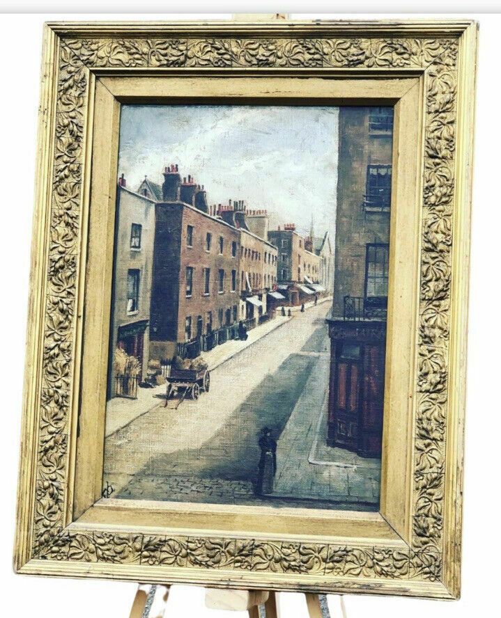 Victorian English Street Scene, Oil On Board, Signed, In Gilt Frame. photo vinterior
