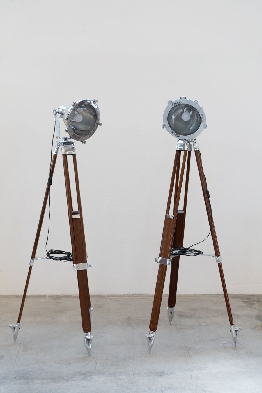 Pair Of Nautical Projector Tripod Floor Lamps Wiska High Wood Vintage Style 1980/1990 photo Lighting