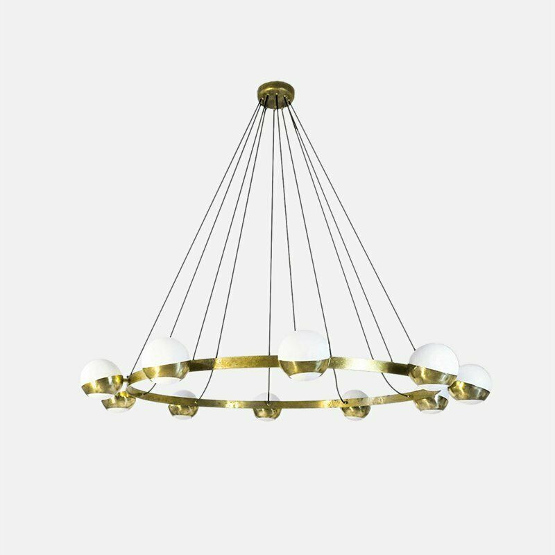 Mid Century Brass And Opaline Glass Chandelier, 1960s
