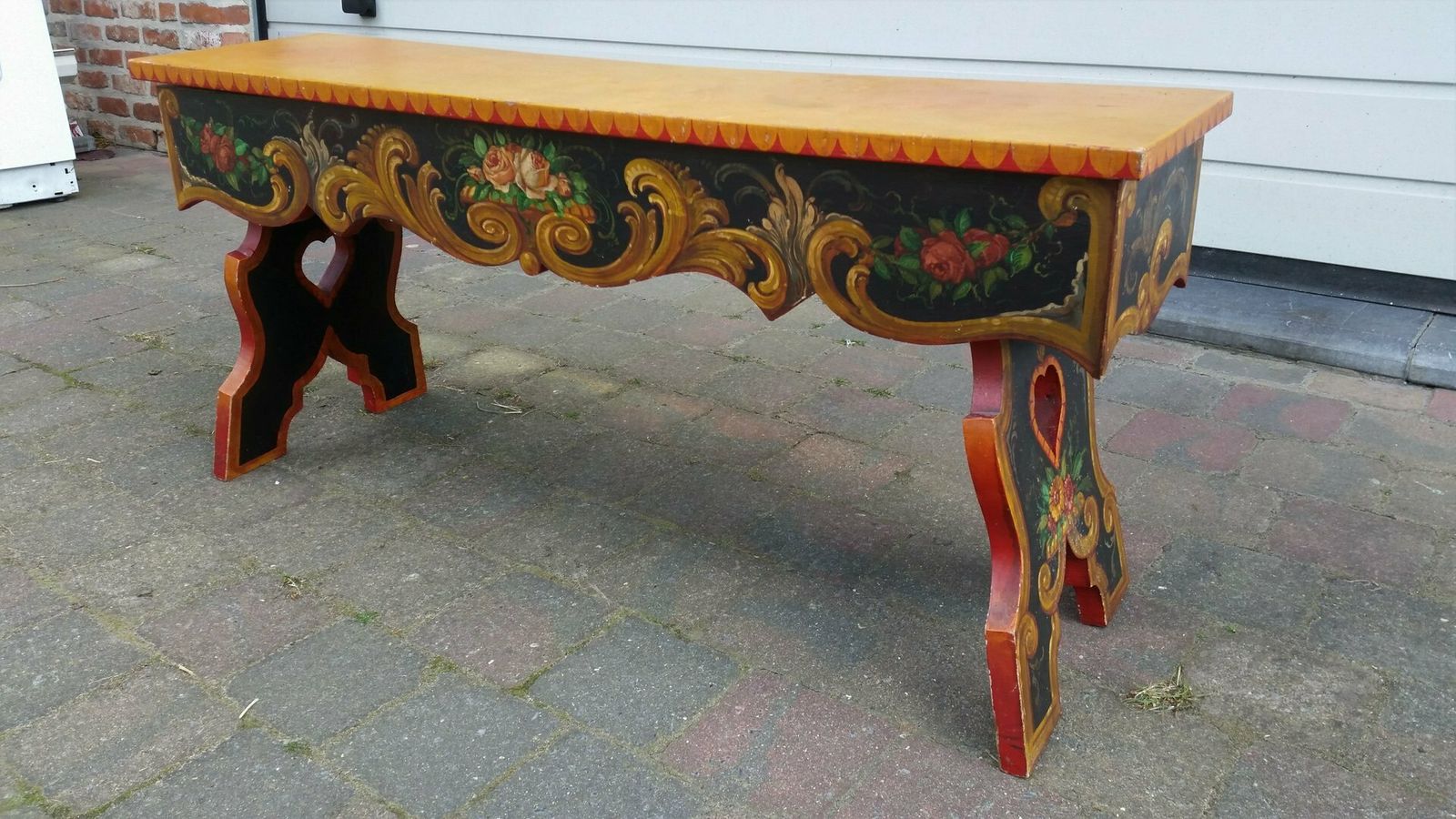 French Hand Painted Wooden Bench By R. Jaeg, 1961 photo vintage