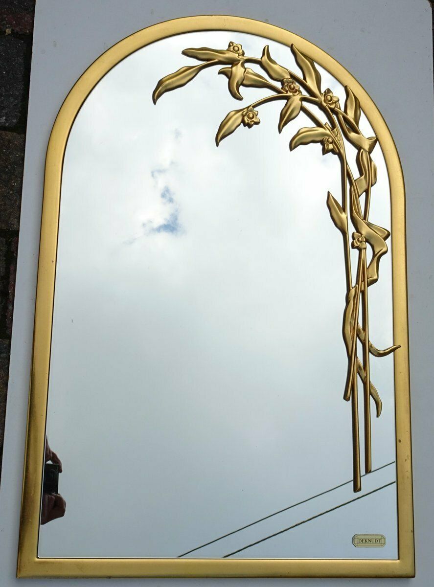 Round Gilt Wall Mirror Wiht Floral Design From Deknudt Belgium, 1970s photo furniture