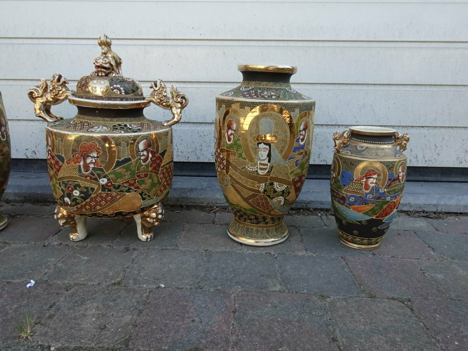 Large Antique Meiji Satsuma Moriage Vases And Burners, Japan, Set Of 7 photo for sale
