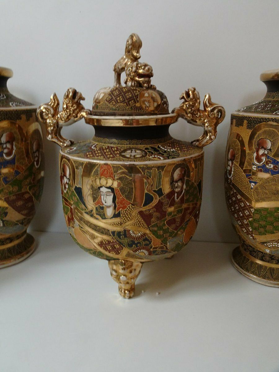 photo vinterior Large Antique Meiji Satsuma Moriage Vases And Burners, Japan, Set Of 7