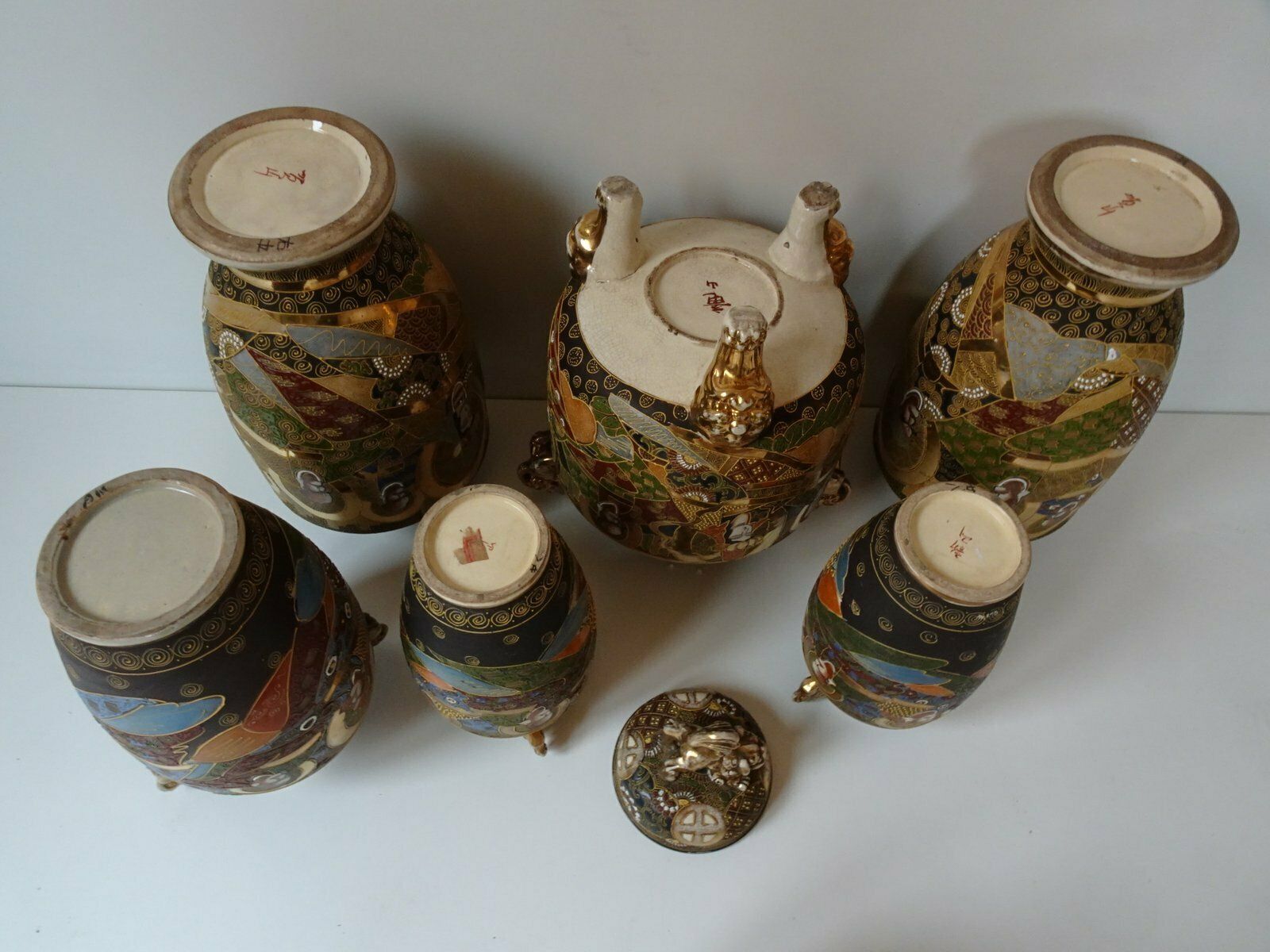 photo vintage Large Antique Meiji Satsuma Moriage Vases And Burners, Japan, Set Of 7