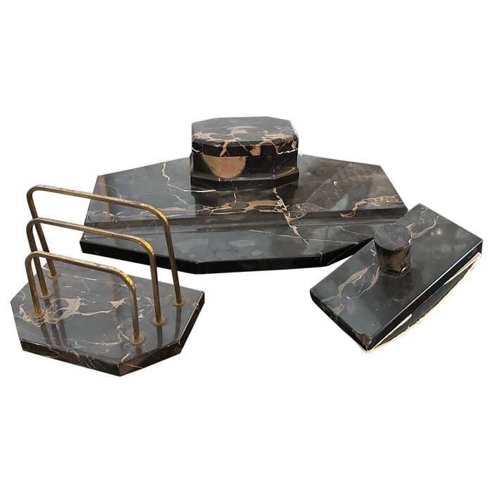 1930s Art Deco Portoro Marble And Brass Italian Desk S