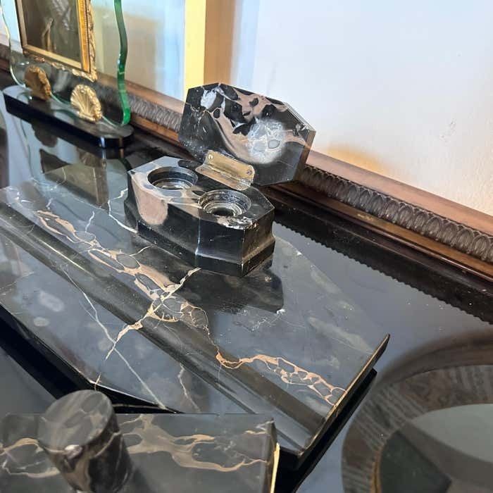 1930s Art Deco Portoro Marble And Brass Italian Desk S photo 657.0