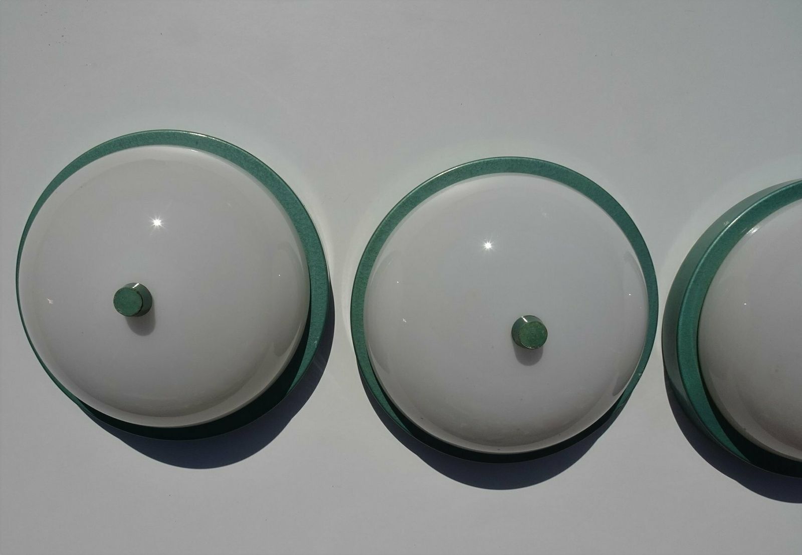 Industrial Metalic Green Lacquered Ceiling Lamp In White Opaline Glass, 1940s photo for sale