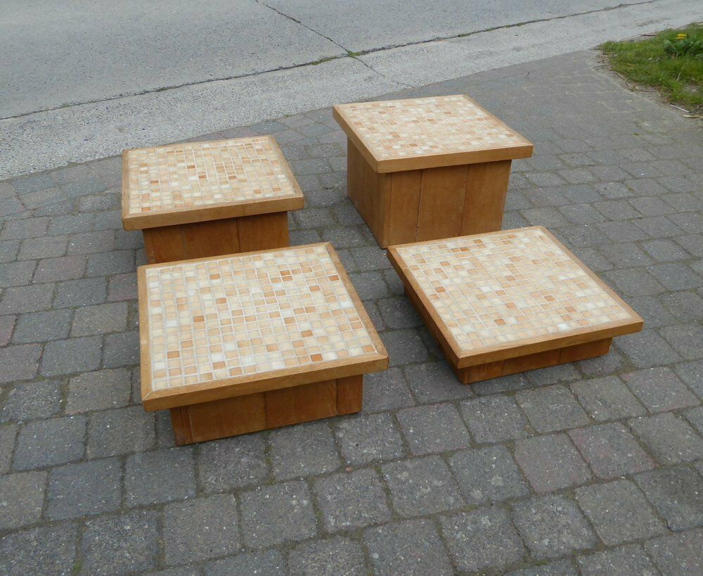 photo furniture Modular Pink Mosaic And Inlaid Oak Coffee Table, 1960s, Set Of 4
