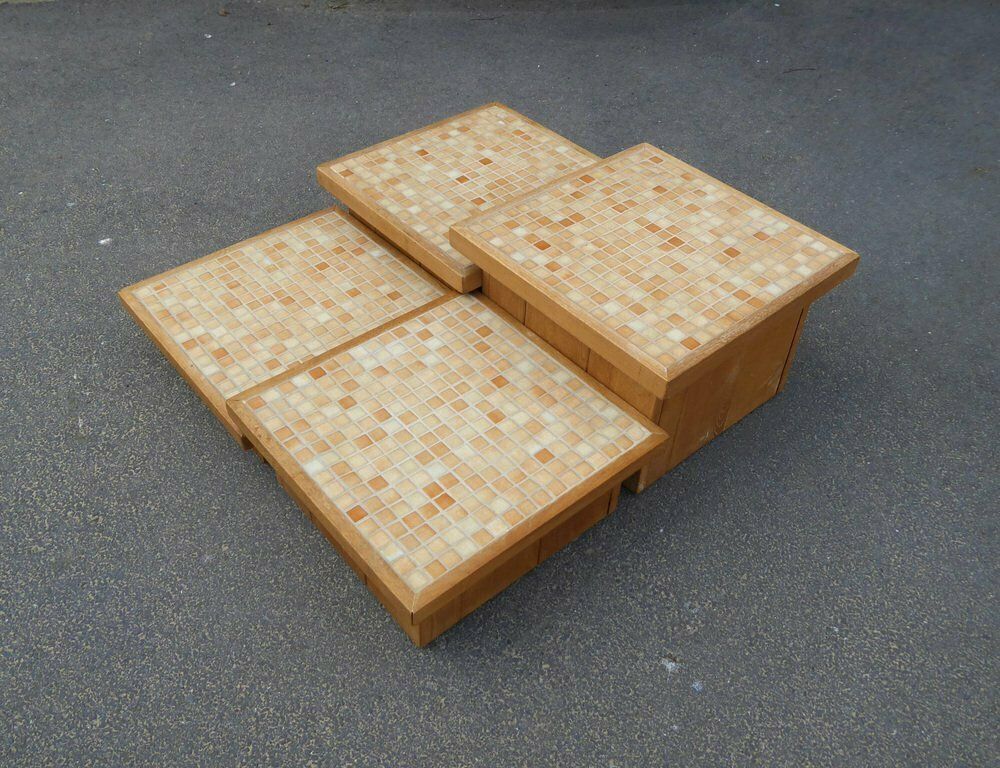 photo for sale Modular Pink Mosaic And Inlaid Oak Coffee Table, 1960s, Set Of 4