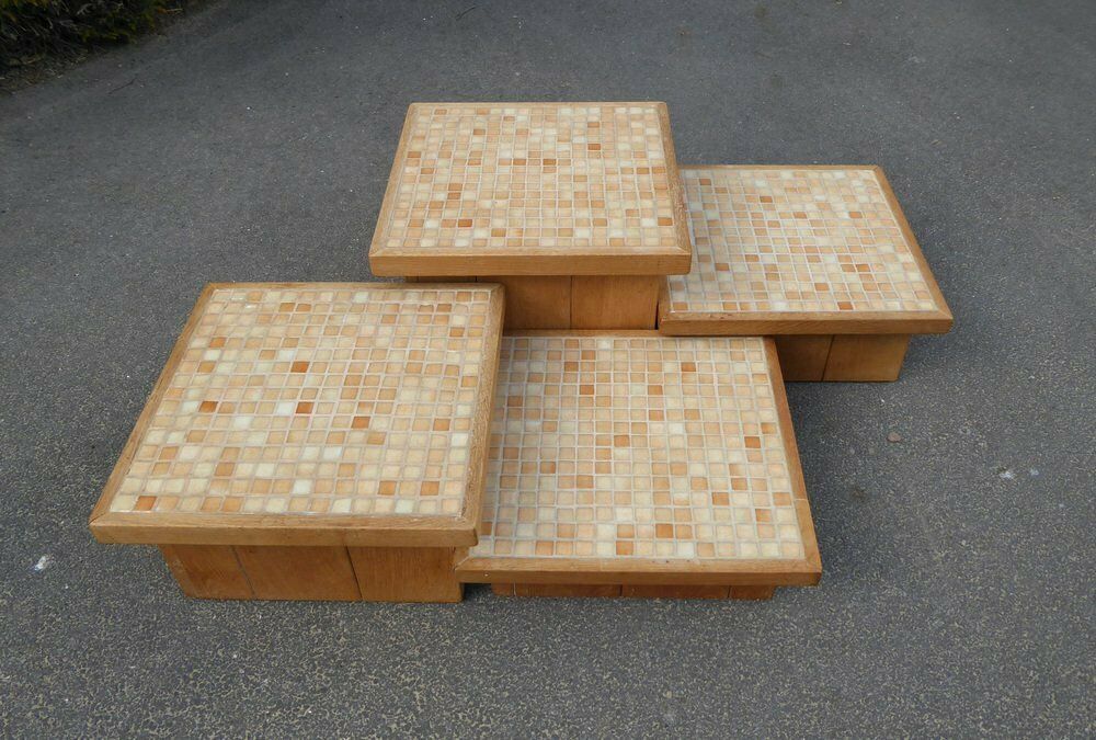 photo vinterior Modular Pink Mosaic And Inlaid Oak Coffee Table, 1960s, Set Of 4