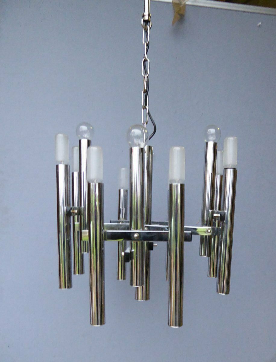 Mid Century Chrome Tubes Chandelier Ceiling Lamp By Gaetano Sciolari photo furniture
