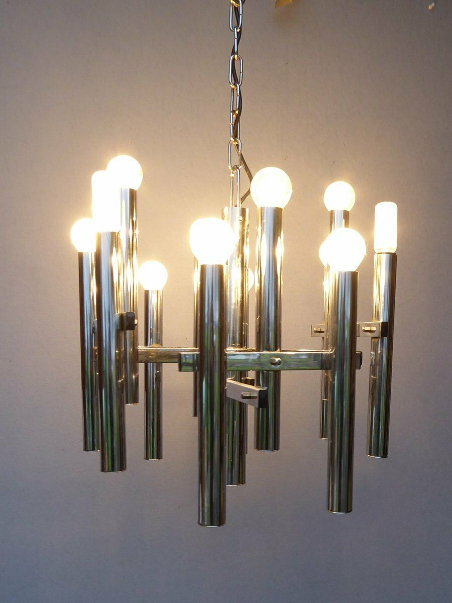 Mid Century Chrome Tubes Chandelier Ceiling Lamp By Gaetano Sciolari photo for sale