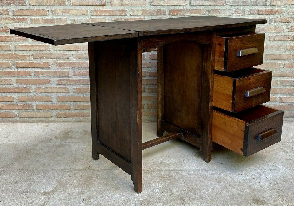 2291.0 Early 20th Century Spanish Desk Or Work Table In Oak Wood With Lateral Wing, 1920s photo