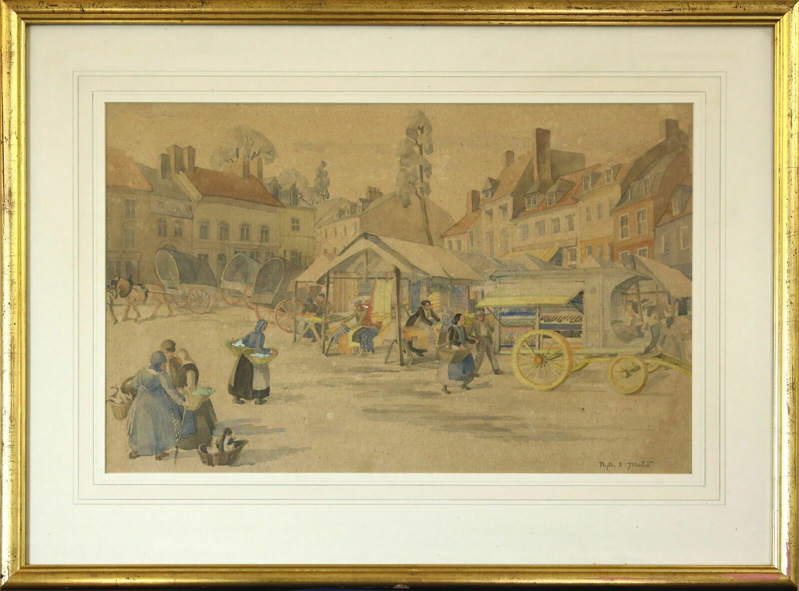 Watercolour By Phyllis Irene Johnston. Market Day In The Town Square.