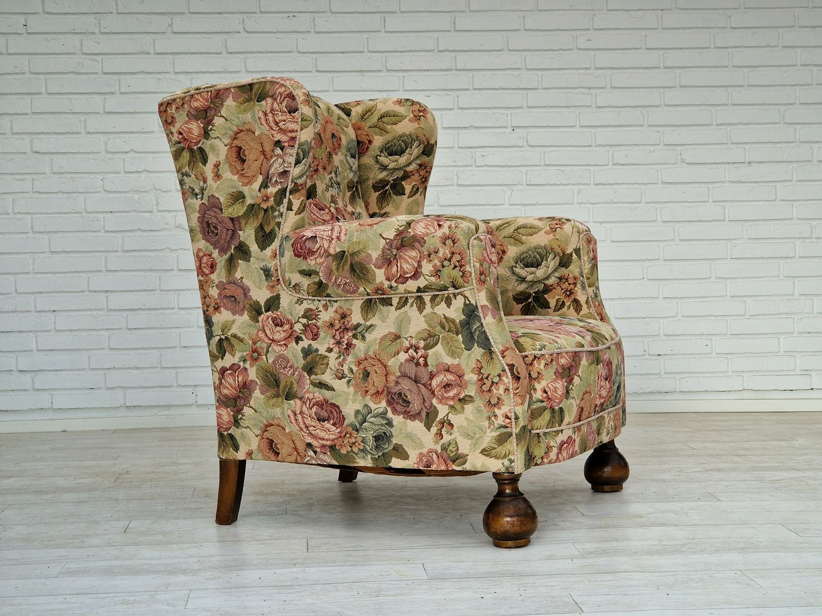 1950s, Danish Vintage Relax Chair In "Flowers" Fabric, Original Condition. photo for sale