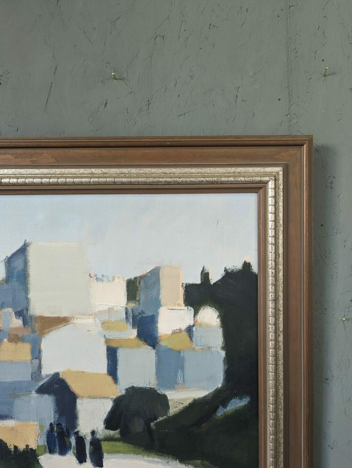 Stig Wernheden, Swedish Mid Century Cityscape Oil Painting, City Stroll, Framed photo vinterior