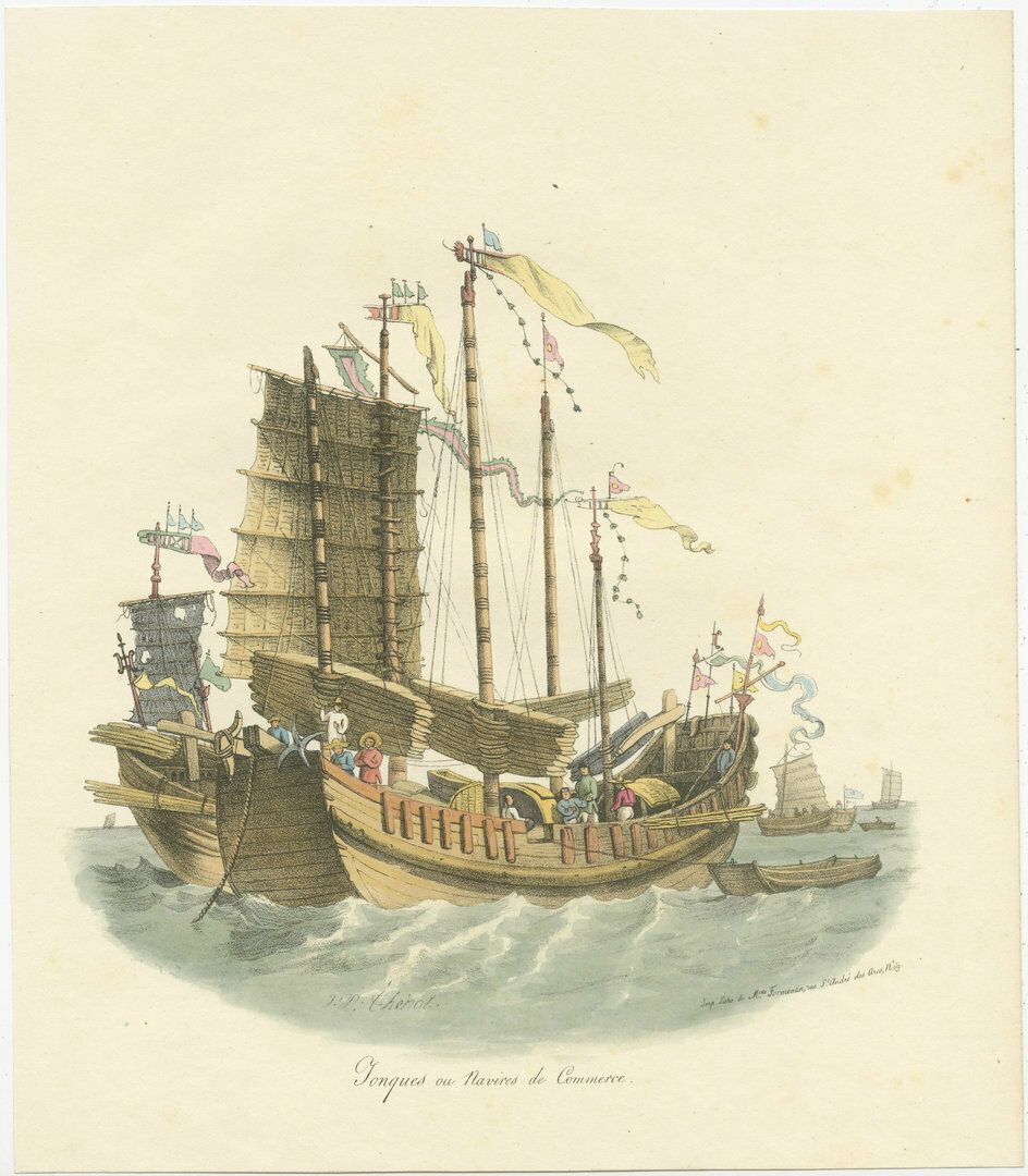 Antique Print Of Chinese Junks Or Merchant Ships