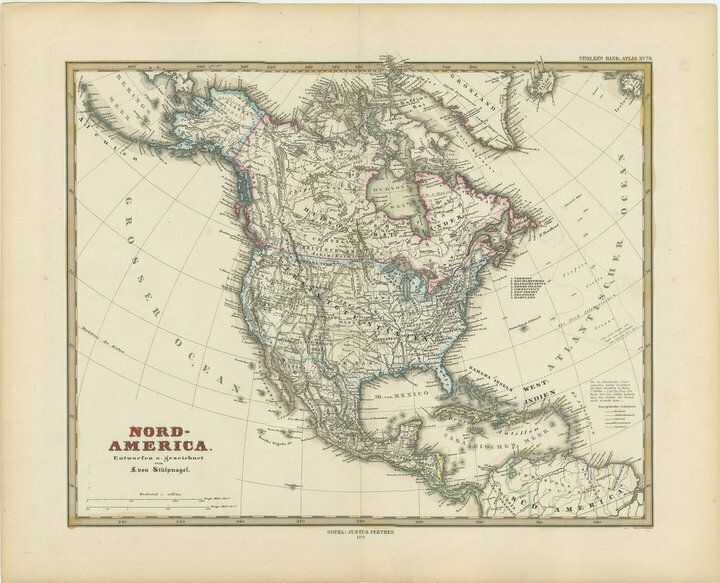Antique Map With Hand Coloring Of North America And The West Indies