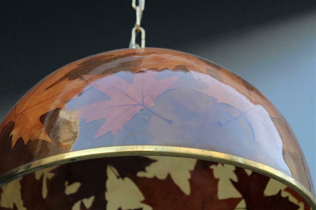 Italian Dome Chandelier In Resin With Plane Leaves Design 1970 Brass photo Lighting