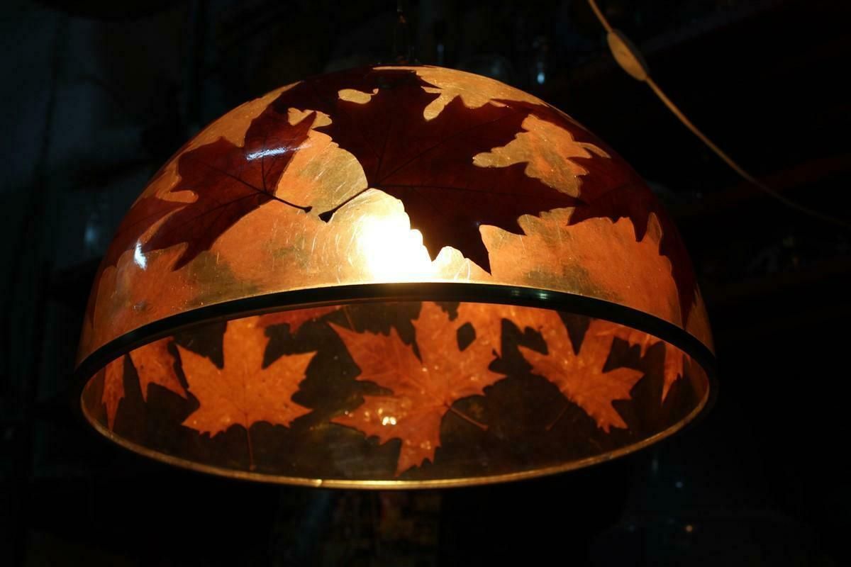 photo vinterior Italian Dome Chandelier In Resin With Plane Leaves Design 1970 Brass