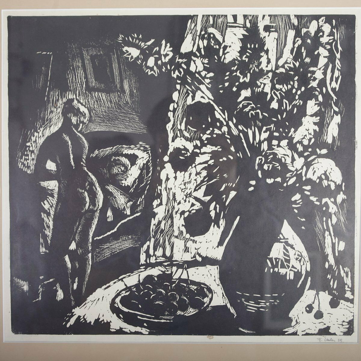 Frantisek Emler, Nude Morning, Linocut On Paper, 1959, Framed photo furniture