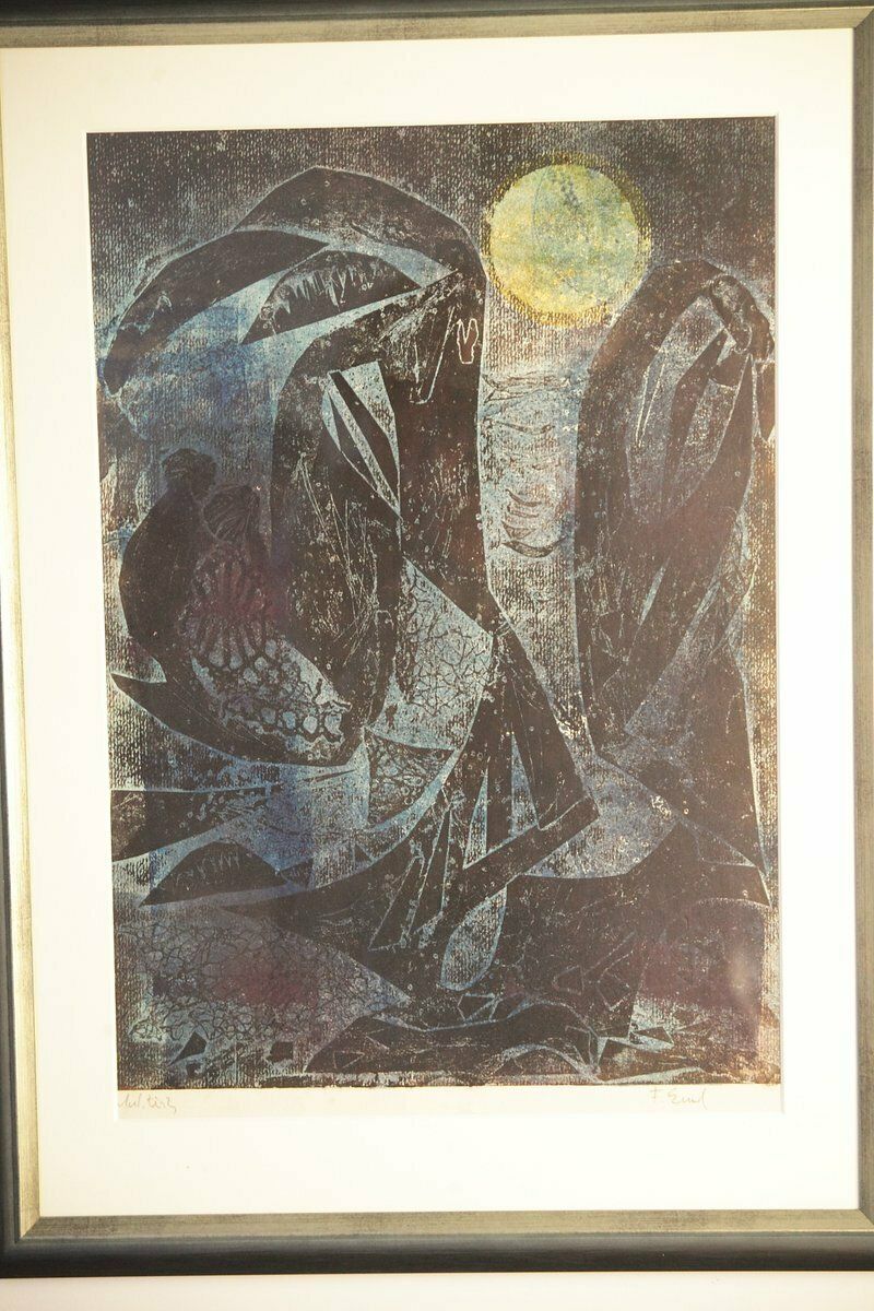 Frantisek Emler, Lovers In Moonlight, Oil On Paper, 1965, Framed photo vinterior