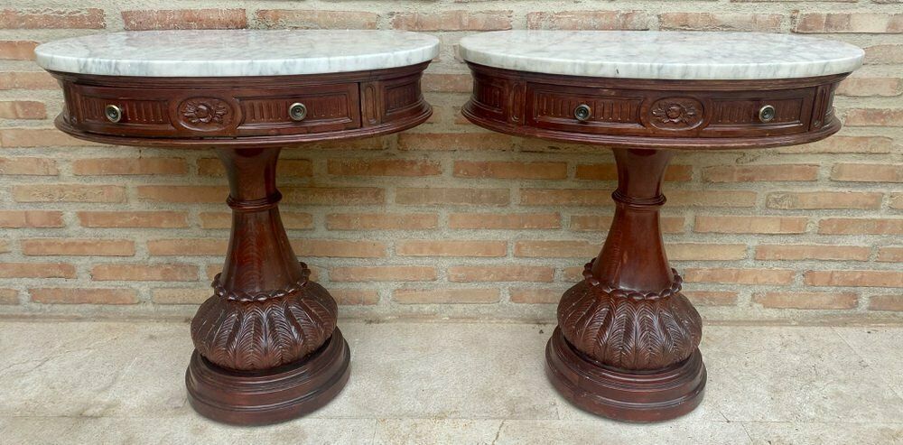 Gesneden Houten Halfronde Nachtkastjes Met Marmeren Blad, Ca. Jaren 1940, Set Van 2 photo furniture