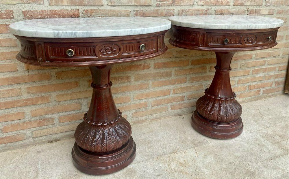 Carved Wood Demi Lune Nightstands With Marble Top, 1940, Set Of 2 photo for sale