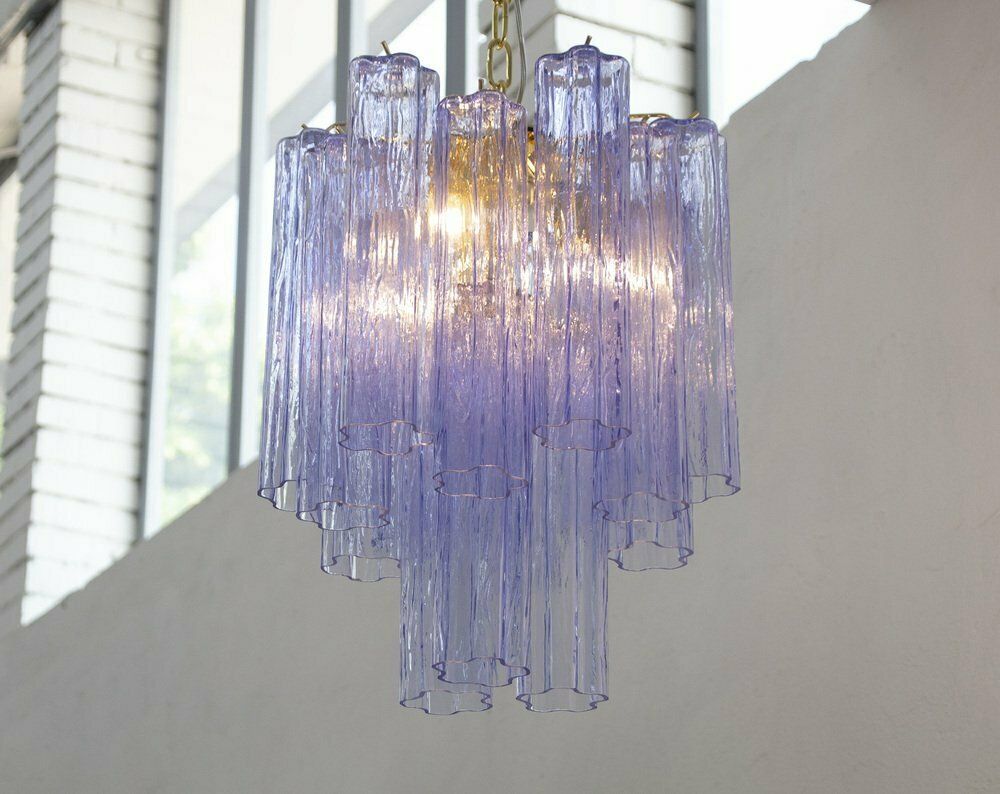 Chandelier With Blue Purple Murano Glass Cylinders, Italy, 1990s photo vinterior