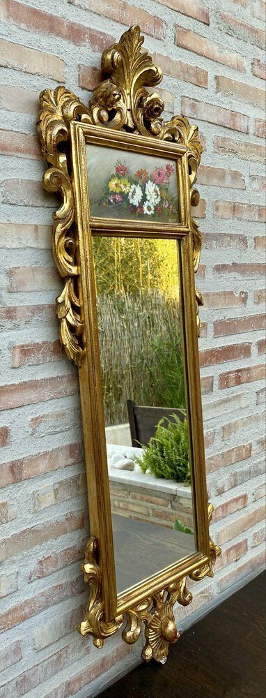 French Gilt Carved Wall Mirror In French Rococo Style With Oil Painting Of Floral Motifs, 1920s photo Home Decor