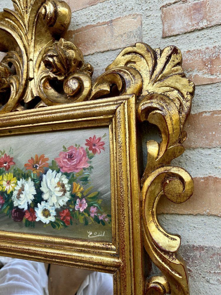 French Gilt Carved Wall Mirror In French Rococo Style With Oil Painting Of Floral Motifs, 1920s photo vinterior