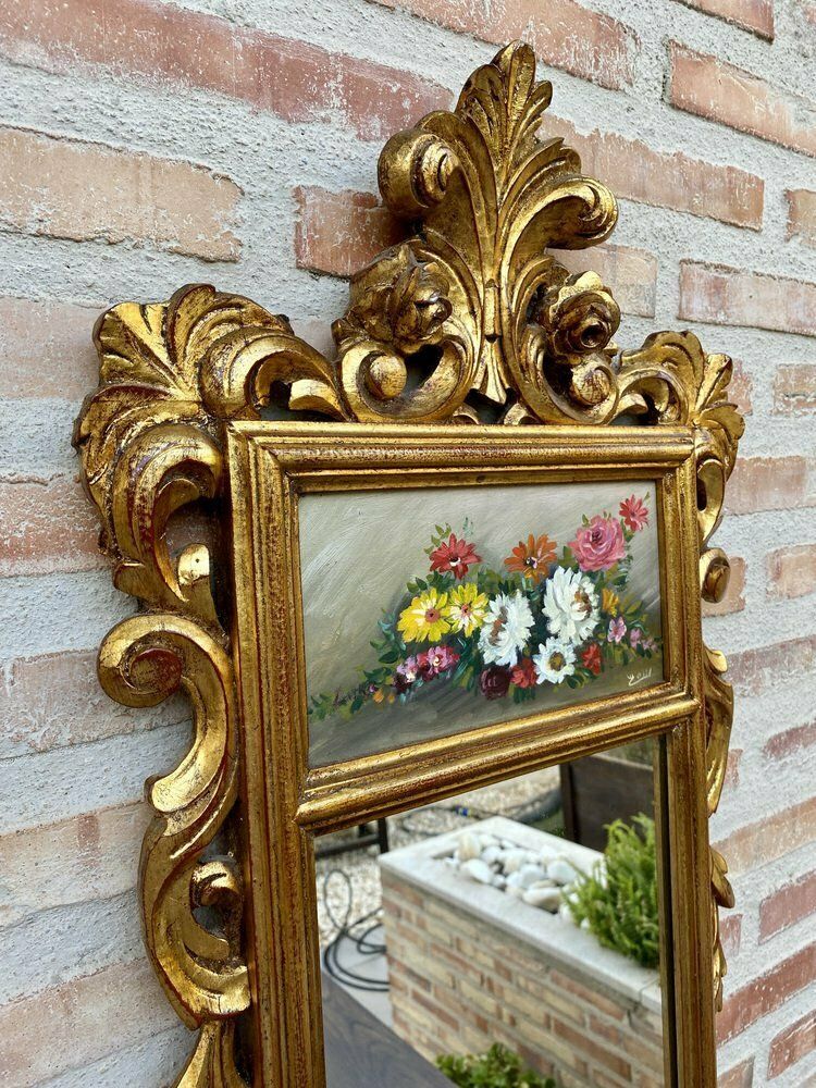 French Gilt Carved Wall Mirror In French Rococo Style With Oil Painting Of Floral Motifs, 1920s photo buy