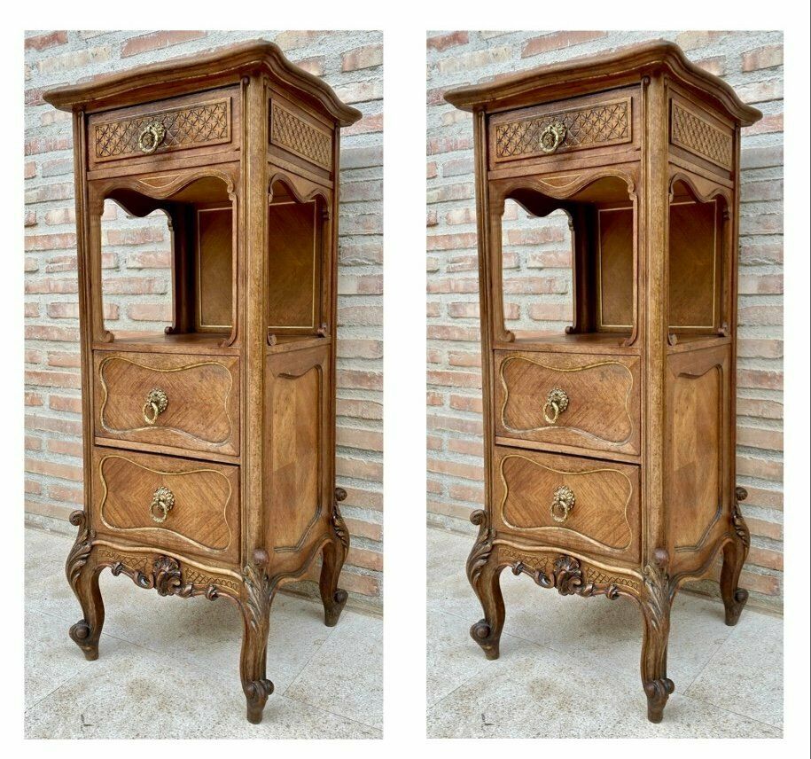 Vintage Louis XVI Stijl Spaanse Nachtkastjes In Hout En Rood Marmer, Ca. Jaren 1920, Set Van 2 photo Meubels