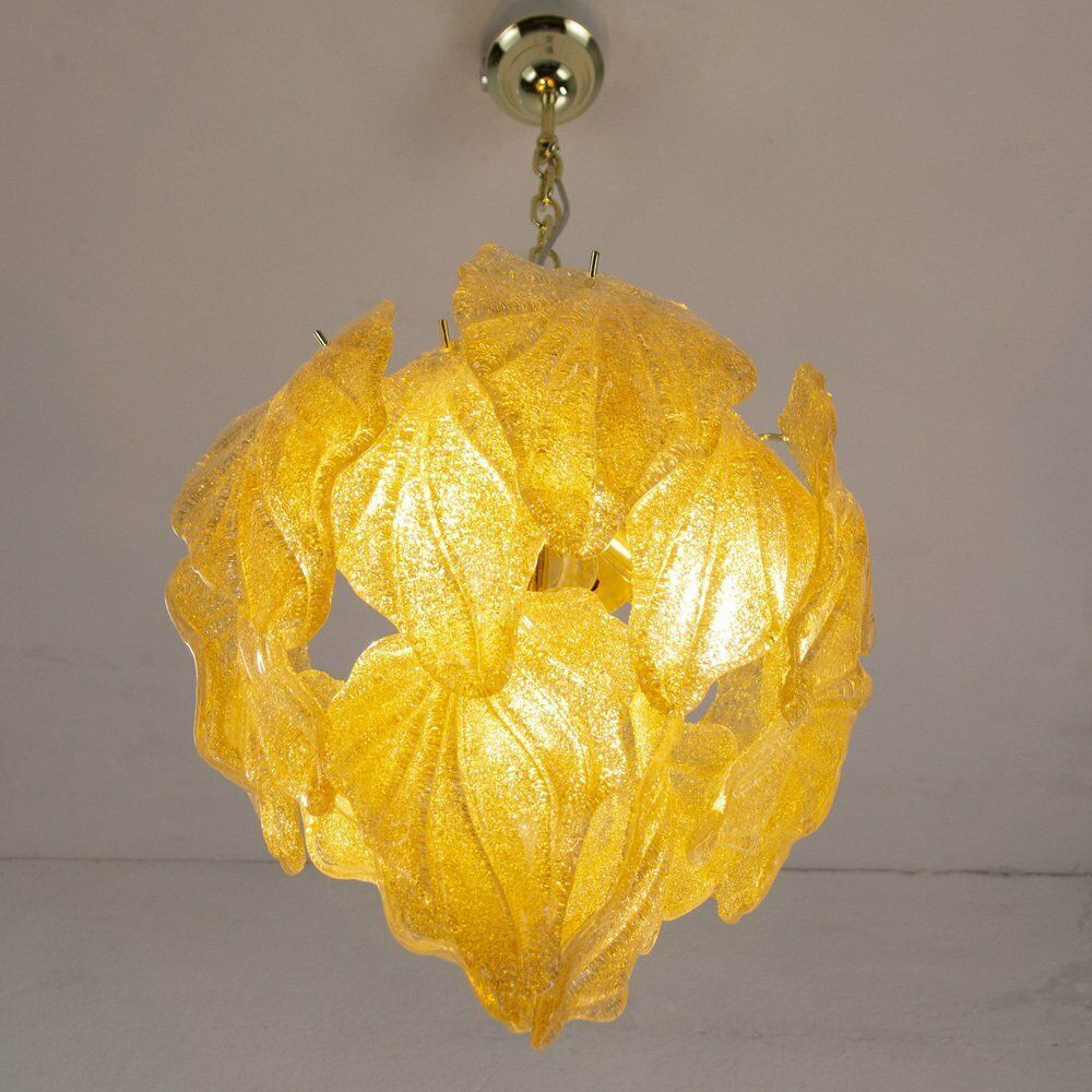 photo furniture Pendant Chandelier With Murano Glass Leaves, Italy, 1990s