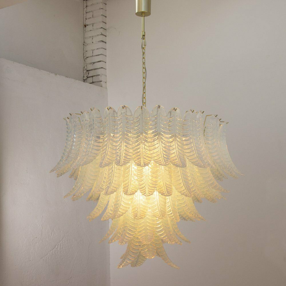 Murano Glass Pendant Chandelier With Opaline Leaves, Italy, 1990s photo 7418.0
