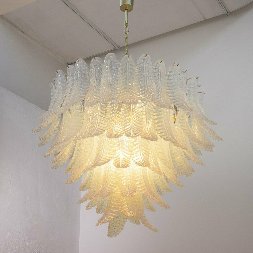 Murano Glass Pendant Chandelier With Opaline Leaves, Italy, 1990s photo vinterior