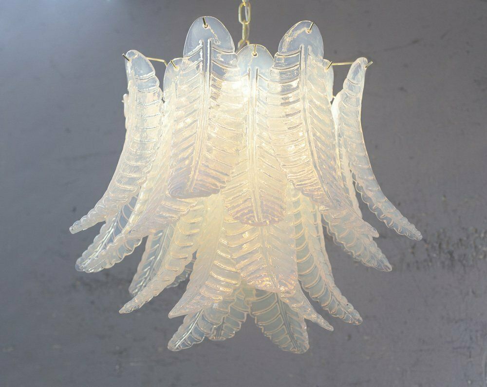 Murano Glass Pendant Chandelier With Opaline Leaves, Italy, 1990s photo for sale
