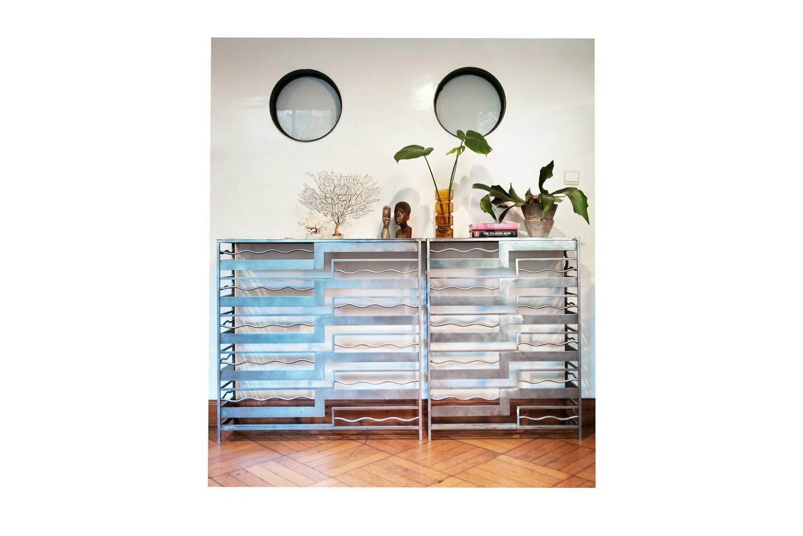 photo furniture Vintage French Metal Geometric Console Tables, Set Of 2