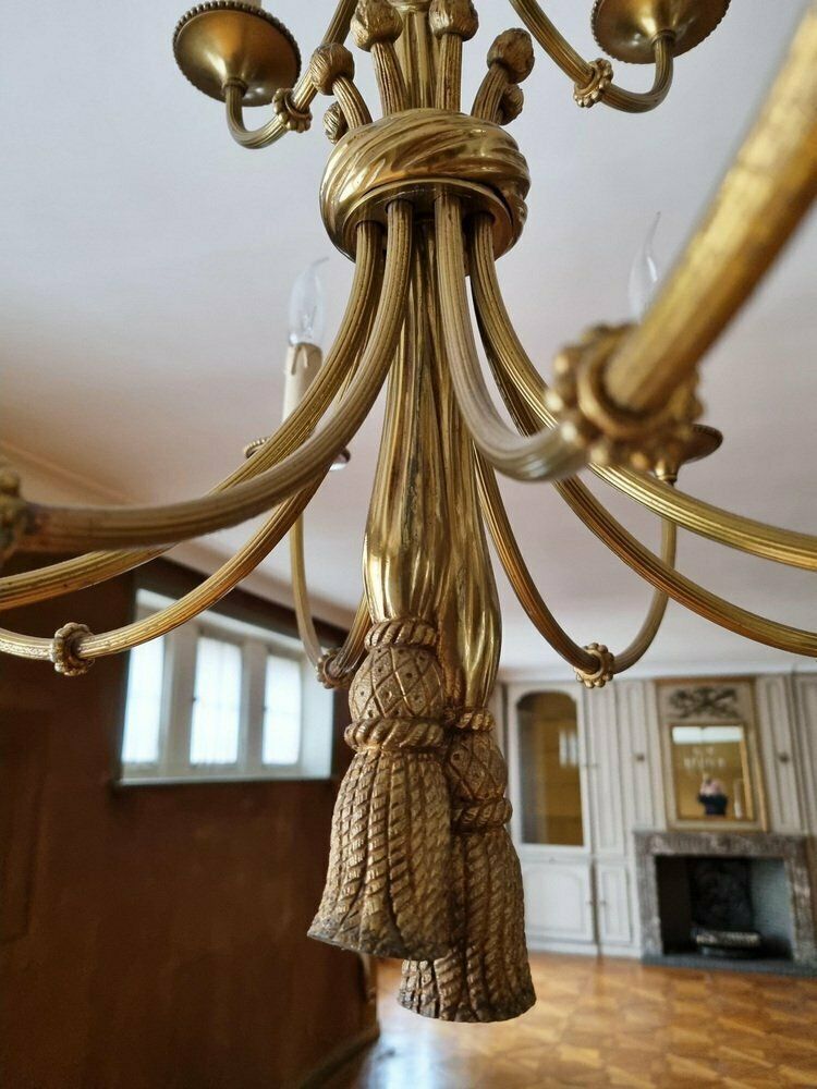 Louis XVI 12 Light Chandelier With Tassels In Gilt Bronze photo vintage