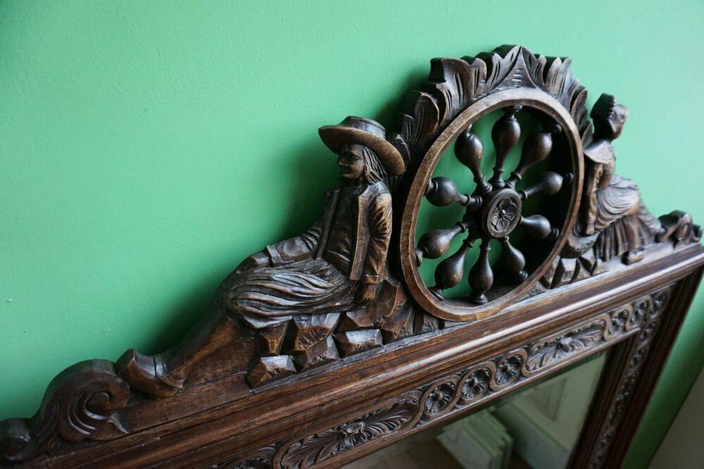 Breton Wall Mirror In Carved Oak, France, 1900s photo vintage