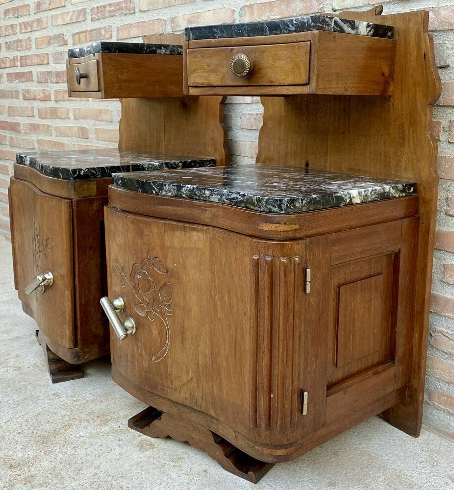 Art Nouveau Stijl Gesneden Nachtkastjes Met Marmeren Blad, 1930, Set Van 2 photo furniture