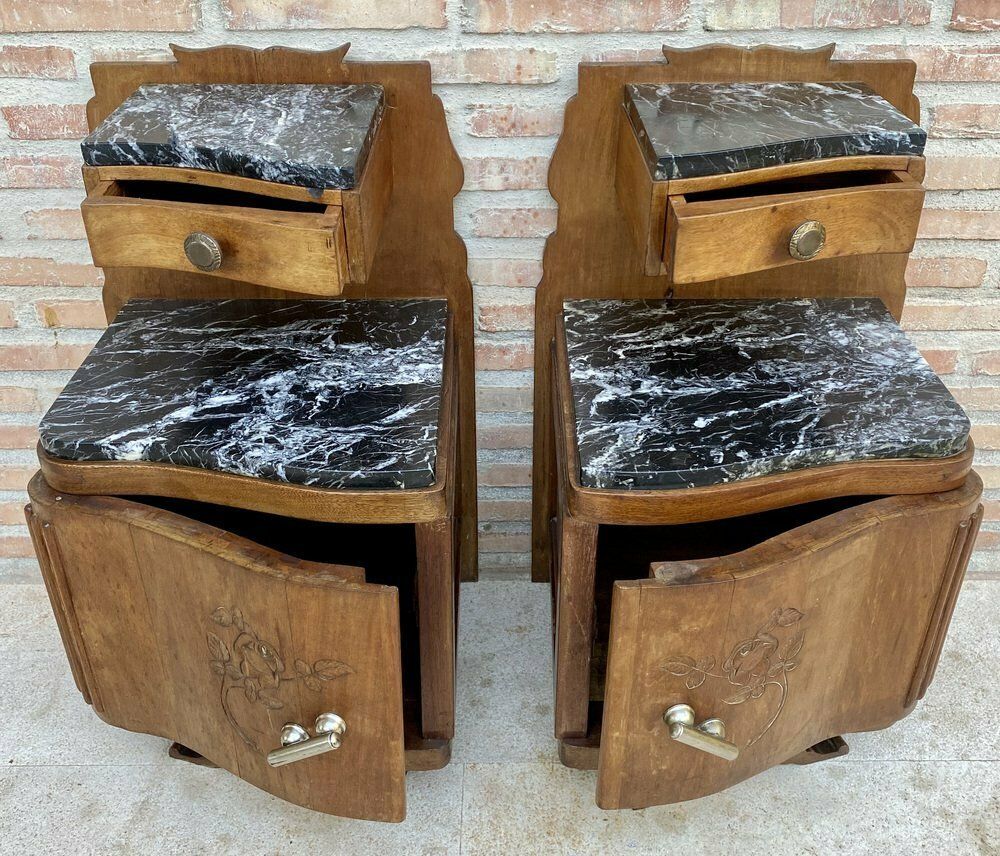 Art Nouveau Style Carved Nightstands Or Bedside Tables With Marble Top, 1930, Set Of 2 photo vintage
